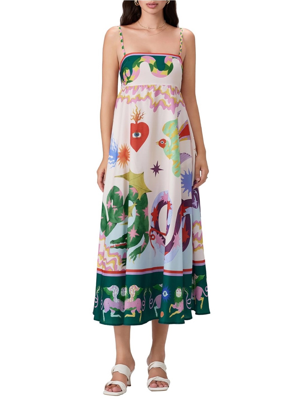 Printed Spaghetti-Strap Midi Dress in Multicolor